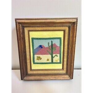 Vtg Southwestern Desert Cactus Mountains Finished Needlepoint Wooden Framed